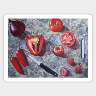 Chopping board with red fruit and vegetables Sticker